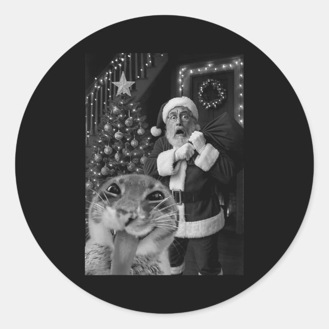 Cat Taking A Selfie Santa Christmas Xmas Pajamas H Classic Round Sticker (Front)