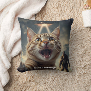 Cat Taking Selfie with UFO and Bigfoot Funny Gift Cushion