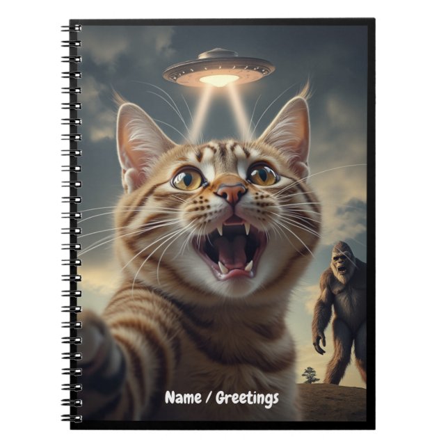  Cat Taking Selfie with UFO and Bigfoot Funny Gift Notebook (Front)