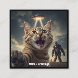  Cat Taking Selfie with UFO and Bigfoot Funny Gift Square Business Card