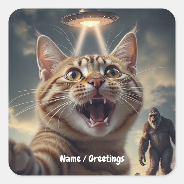  Cat Taking Selfie with UFO and Bigfoot Funny Gift Square Sticker (Front)