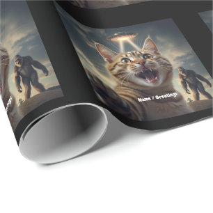 Cat Taking Selfie with UFO and Bigfoot Funny Gift Wrapping Paper