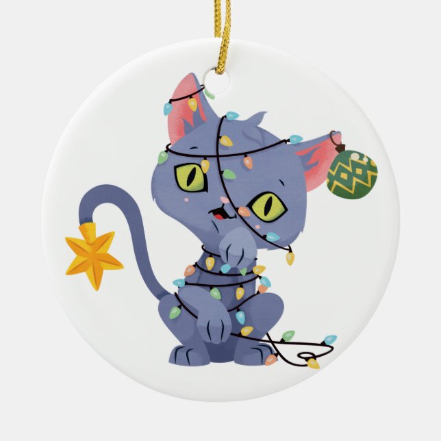 Cat Tangled in Christmas Lights  Ceramic Tree Decoration (Front)