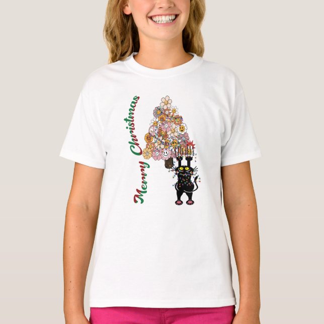 Cat Tangled In The Christmas Tree Lights  T-Shirt (Front)