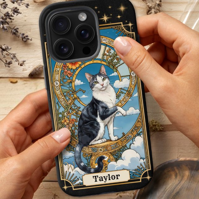 Cat Tarot Card Personalised iPhone 16 Pro Case (Cat tarot iPhone 16 pro case, with Wheel of fortune card and tuxedo cat in Art Nouveau style.)