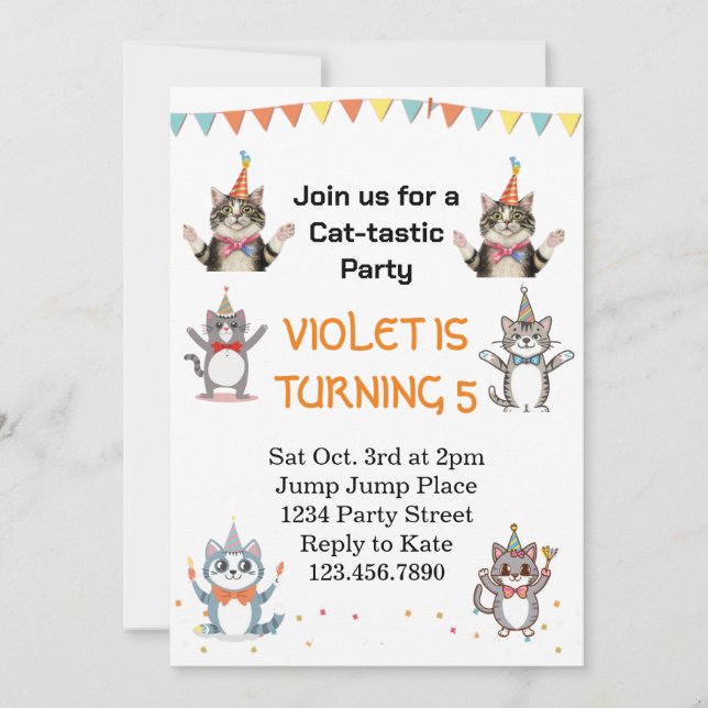 Cat-Tastic Kitty Cat Birthday Party With Gold Foil Invitation (Front)