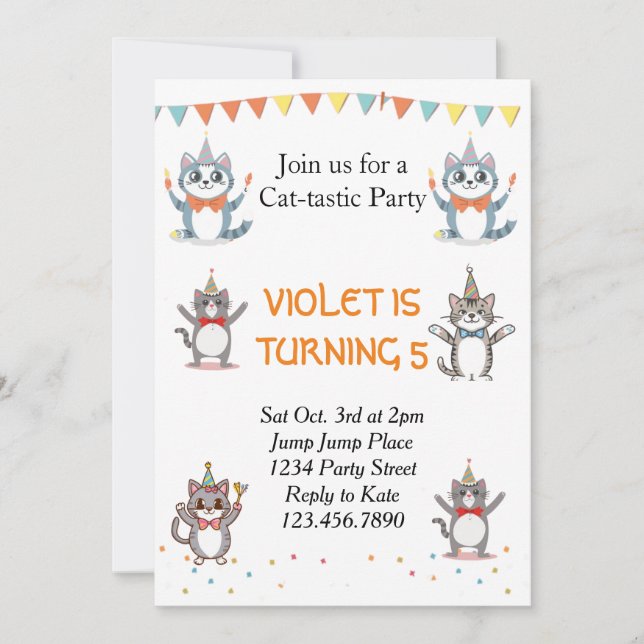 Cat-Tastic Kitty Cat Birthday Party With Gold Foil Invitation (Front)