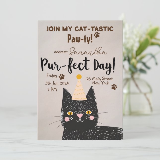 Cat-Tastic Paw-ty! Pur-fect Birthday - Black Cat Invitation (Standing Front)