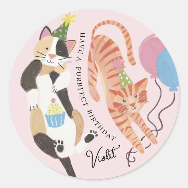 Cat-tastic Purrfect Birthday Party Custom Classic Round Sticker (Front)