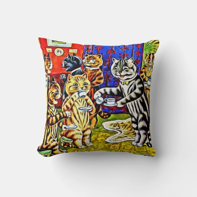 "Cat Tea Party" Stylised Louis Wain Cats Pillow (Front)