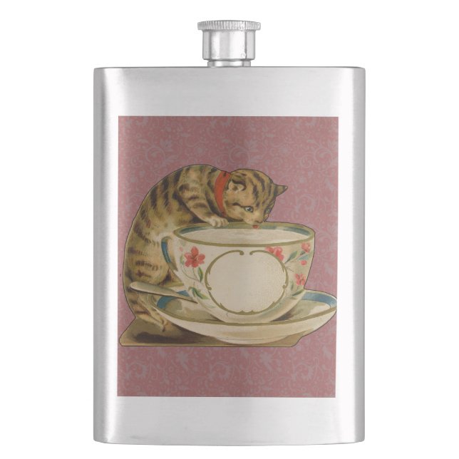 Cat Teacup Cute Vintage Victorian Hip Flask (Front)