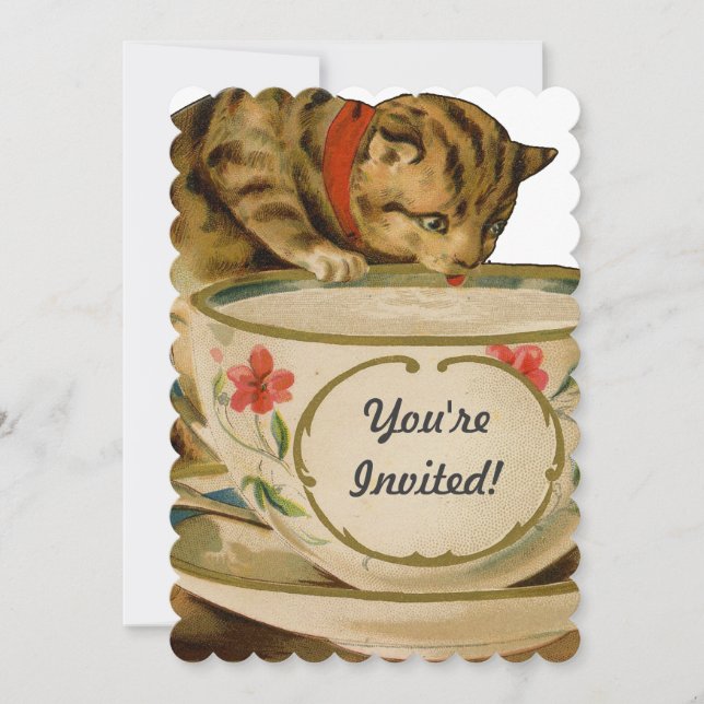 Cat Teacup Cute Vintage Victorian Invitation (Front)