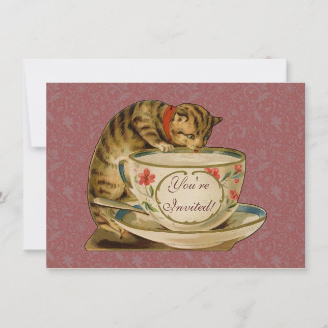 Cat Teacup Cute Vintage Victorian Invitation (Front)