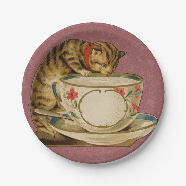 Cat Teacup Cute Vintage Victorian Paper Plate (Front)