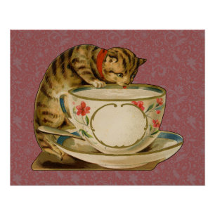 Cat Teacup Cute Vintage Victorian Pet Classic Poster