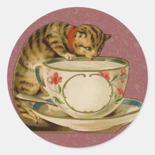 Cat Teacup Cute Vintage Victorian Pet Classic Round Sticker