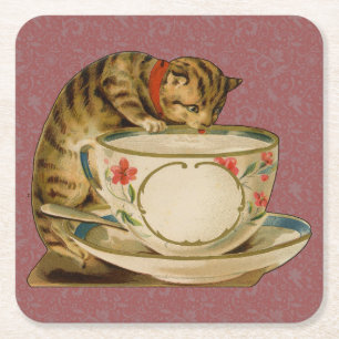 Cat Teacup Cute Vintage Victorian Pet Classic Square Paper Coaster