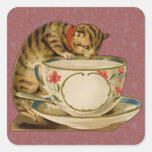 Cat Teacup Cute Vintage Victorian Pet Classic Square Sticker