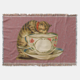 Cat Teacup Cute Vintage Victorian Pet Classic Throw Blanket