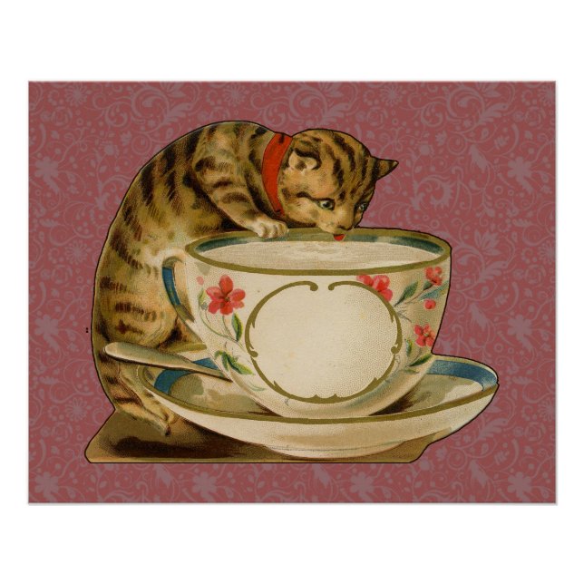 Cat Teacup Cute Vintage Victorian Poster (Front)