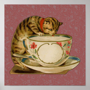 Cat Teacup Cute Vintage Victorian Poster