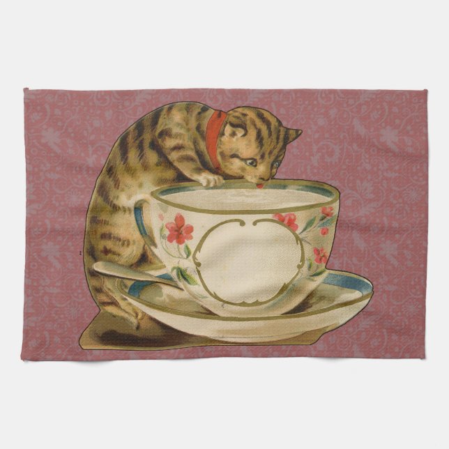 Cat Teacup Cute Vintage Victorian Tea Towel (Horizontal)