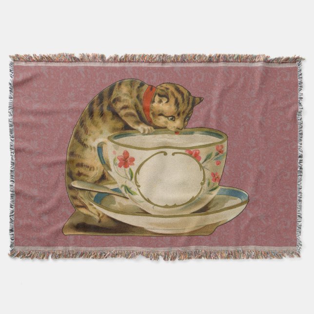 Cat Teacup Cute Vintage Victorian Throw Blanket (Front)