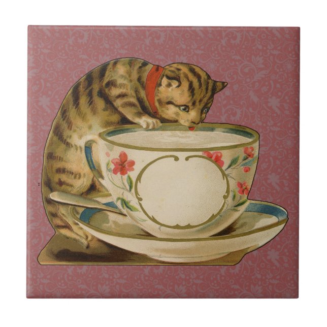 Cat Teacup Cute Vintage Victorian Tile (Front)