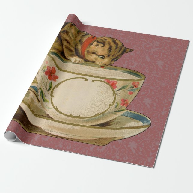 Cat Teacup Cute Vintage Victorian Wrapping Paper (Unrolled)
