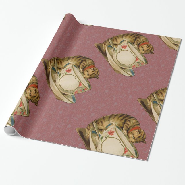 Cat Teacup Cute Vintage Victorian Wrapping Paper (Unrolled)