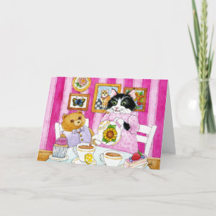 Cat, Teddy Bear, tea party, pink, Card