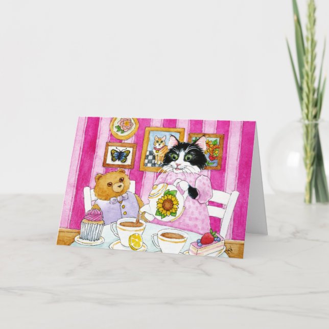 Cat, Teddy Bear, tea party, pink, Card (Front)
