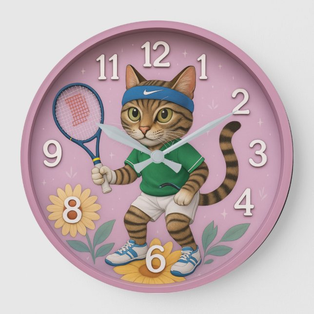 Cat tennis funny playful pet kids room large clock (Front)