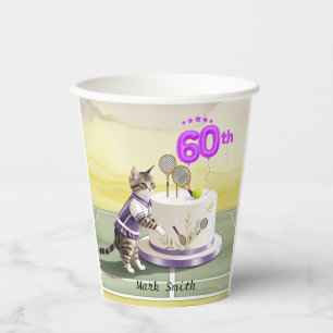 Cat Tennis Player 60th Birthday with cake at court Paper Cups