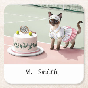 Cat Tennis Player at the court with Birthday Cake Square Paper Coaster