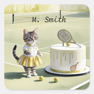 Cat Tennis Player at the court with Birthday Cake Square Sticker