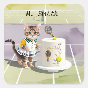 Cat Tennis Player at the court with Birthday Cake Square Sticker