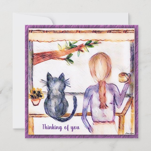 Cat Thank you card custom painting Girl at window (Front)