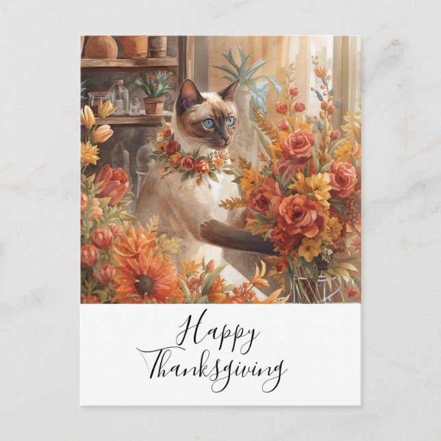 Cat Thanksgiving Fall themed for Cat Lovers  Holiday Postcard (Front)