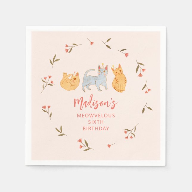 Cat Theme Pink Birthday Party Napkin (Front)