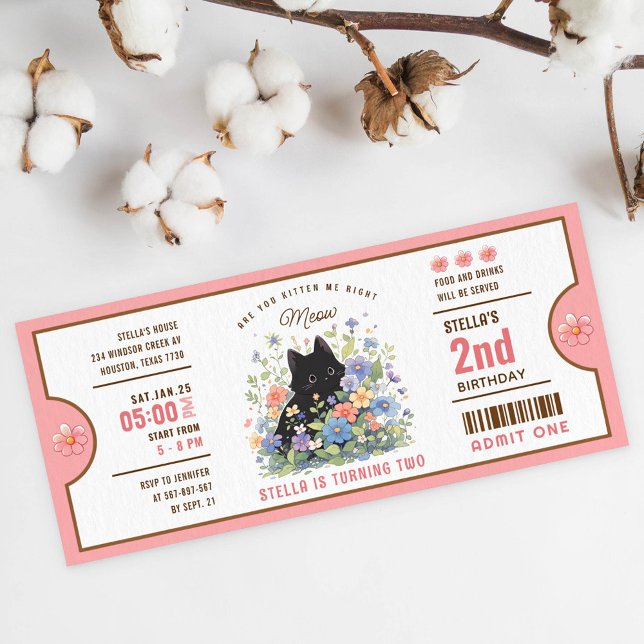 Cat-Themed Birthday Ticket Invitation | Cute Black (Creator Uploaded)