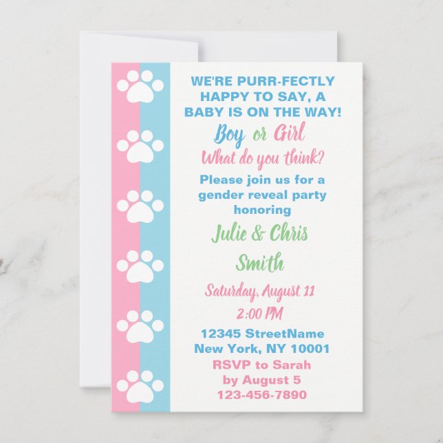 Cat Themed Gender Reveal Party Invitation (Front)