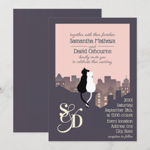 Cat themed monogram wedding design invitation