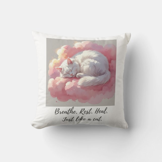 Cat Throw Pillow – Breathe. Rest. Heal. (Front)