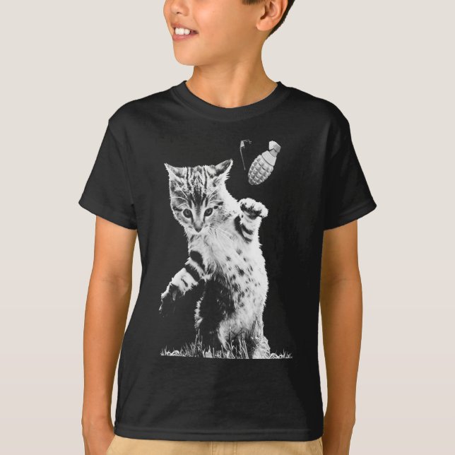 Cat Throwing Grenade Funny Kitty Cat Grenade Scene T-Shirt (Front)