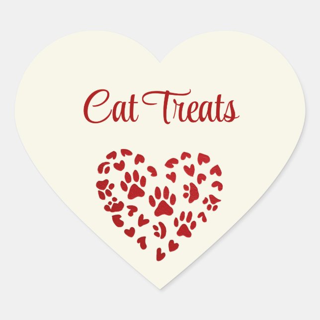 Cat Treats, Red Hearts & Paws, Customizable Heart Sticker (Front)