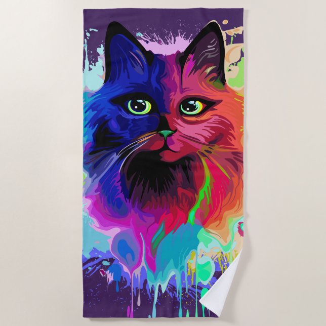 Cat Trippy Psychedelic Pop Art  Beach Towel (Front)
