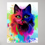 Cat Trippy Psychedelic Pop Art  Poster<br><div class="desc">Psychedelic Trippy Pop Art Cat Portrait on Colorful Paint Splatters. Original Vector IllustrationCopyright BluedarkArt TheChameleonArt.</div>