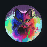 Cat Trippy Psychedelic Pop Art  Round Clock<br><div class="desc">Psychedelic Trippy Pop Art Cat Portrait on Colorful Paint Splatters. Original Vector IllustrationCopyright BluedarkArt TheChameleonArt.</div>
