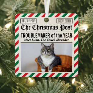 Cat Troublemaker Of The Year Christmas Newspaper Metal Tree Decoration